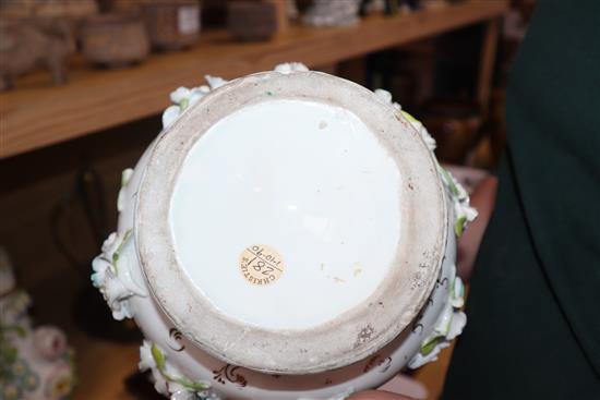 Three English porcelain flower encrusted scent bottles and covers, c. 1830-40, possibly Coalbrookdale, H. 41cm and 28cm